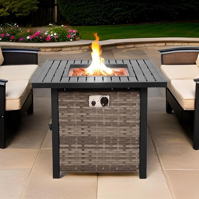 Basel Propane Fire Pit Table 30” Outdoor Firepit 50,000 BTU Firepits for Outside with Lava Rocks and Removable Lid Metal Fire Pit Outdoor Fireplace Propane Fire Pits for Outside CSA Certified