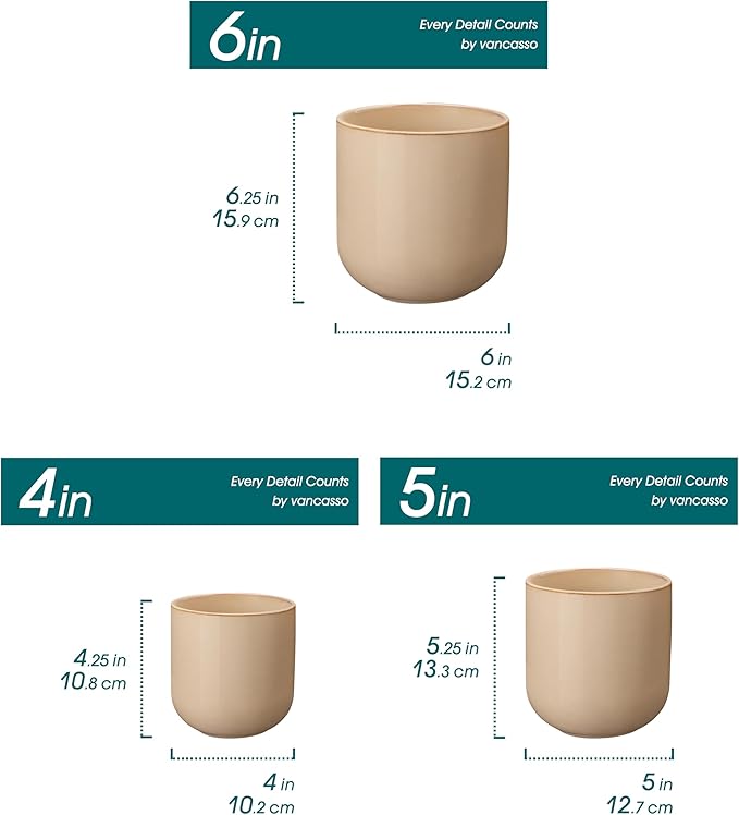vancasso Ceramic Plant Pots, 4+5+6 inches, Set of 3, Planters with Drainage Hole, Flower Pots Planters Pots for Indoor Plants, Modern Indoor Decorative Garden Pot, Home Decor, Brown
