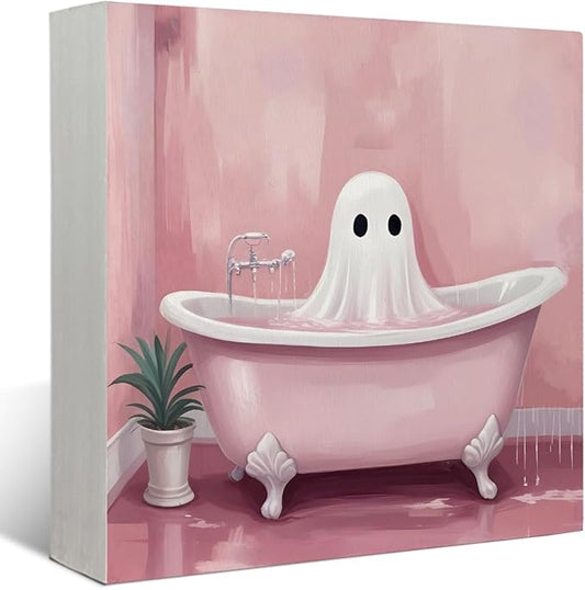 Mtrgdn Cute Halloween Decor,Halloween Decorations Indoor,Pink Ghost Bathroom Decor Wooden Box Sign,Halloween Home Office Kitchen Bathroom Bedroom Desk Table Shelf Wall Decorations,5x5 Inch