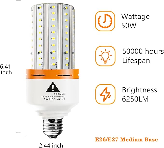 Led Light Bulb, 400W Equivalent 6250 Lumen 5000k Super Bright led Bulb,E26/E27 Medium Base 50W led Corn Light Bulb for Outdoor Indoor Lamp Area Garage Warehouse Workshop Street Backyard 2 Pack…