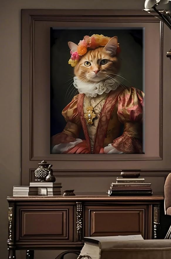 Jatinoo Orange Cat Gothic Wall Art - 11.5x15 inch Framed Canvas Print, Witchy Dark Academia Vintage Home Decor for Halloween, Moody Aesthetic Room Poster for Cat Lovers