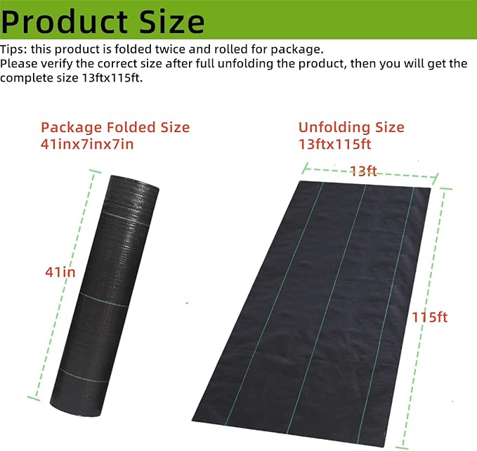 13ftx115ft Weed Barrier Landscape Fabric Heavy Duty, Weed Gardening Ground Cover Mat, Weed Control Garden Cloth, Woven Geotextile Fabric for Underlayment, Commercial Driveway Fabric, Black