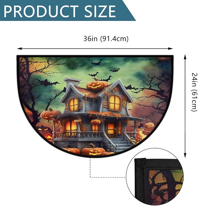 Halloween Half Round Door Mat, Halloween Castle Pumpkin Bats Semicircle Door Mats, Non Slip Area Rug Soft Doormat for Indoor Entrance Wear Resistant Welcome Mat for Garage Patio Home Decor 24 x 36 In
