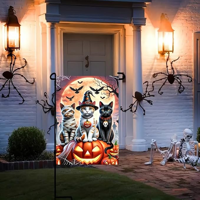 Cats Halloween Garden 12x18 Double Sided Flags Trick or Treat Holiday Pumpkin Garden Flag Cute Kitten Fall Holiday Yard Spooky Flag Winter Lawn Flags Farmhouse Outdoor Decor Banner