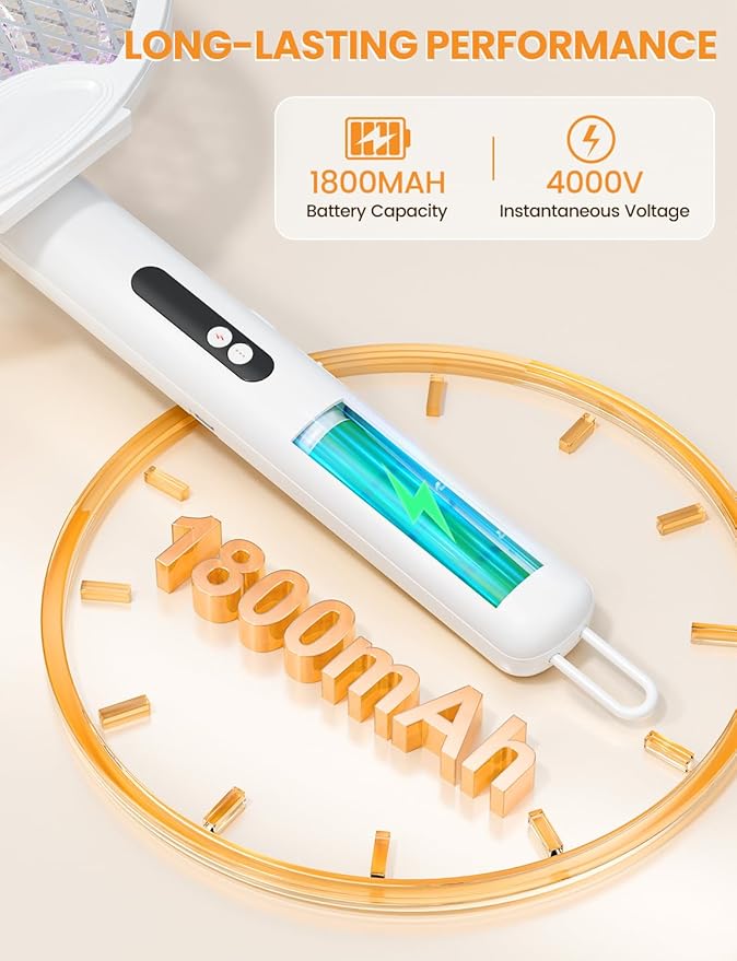 Electric Fly Swatter Foldable Bug Zapper Racket with 4000V 1800mAh Rechargeable Battery 5-Layer Safety Mesh Dual Modes with Mosquito Light Suitable for Indoor or Outdoor Use (White)