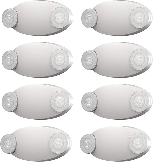 Spectsun Lights 8 Pack LED Emergency Light with Battery Backup -Adjustable Hardwired 2 LED Bug Eye Head Wall Mount -UL Certified 120-22VAC White Emergency Exit Lighting Fixtures for Business/Home
