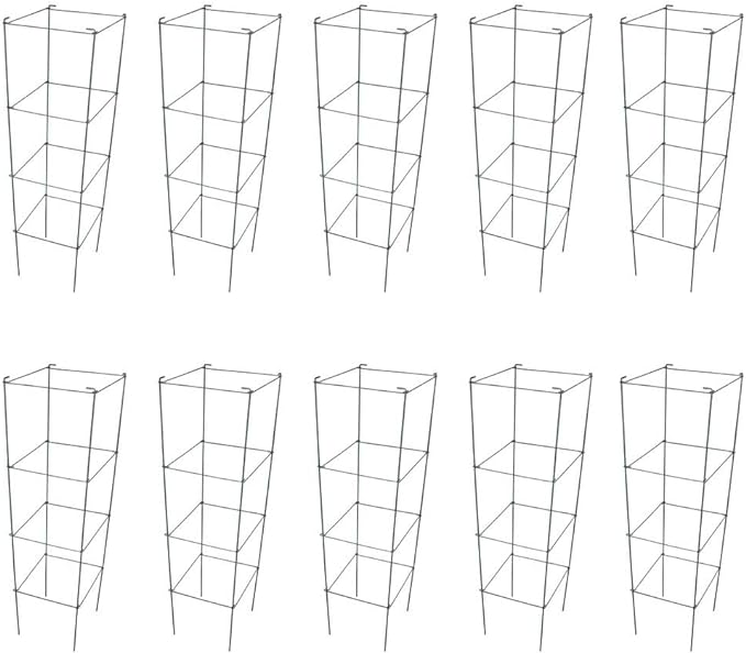 Galvanized Square Folding Tomato Cage Plant Support Stake Tower 12 inch by 46 inch, Pack of 10 Sets(Also Sold as Pack of 2 & 5,PVC Green is Available)
