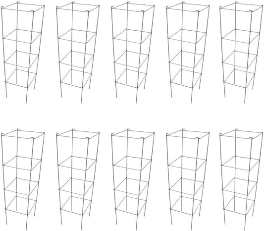 Galvanized Square Folding Tomato Cage Plant Support Stake Tower 12 inch by 46 inch, Pack of 10 Sets(Also Sold as Pack of 2 & 5,PVC Green is Available)