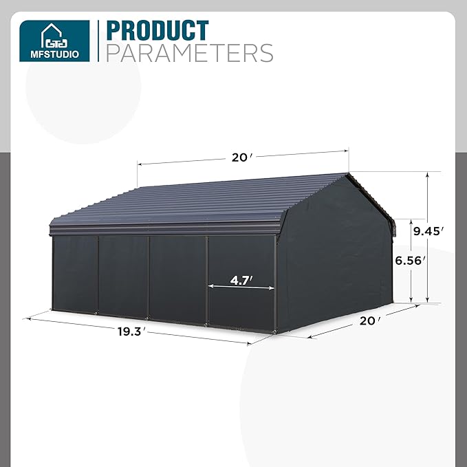 MFSTUDIO Carport 20x20 ft, Outdoor Heavy Duty Carports with Sidewalls, Metal Shed Canopy Shelters Garage Shelter Shade Car Ports with Galvanized Roof for 2 Cars, Truck and Boats