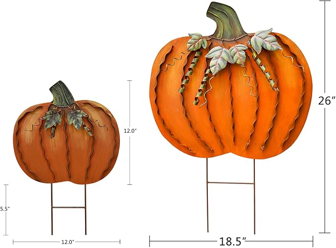 Metal Pumpkin Garden Stakes - Autumn Decorative Yard Signs - Indoor Outdoor Plant Flower Stake Fall Lawn Ornaments Pumpkin Decoration for Harvest Halloween (17.5"+26"-A)