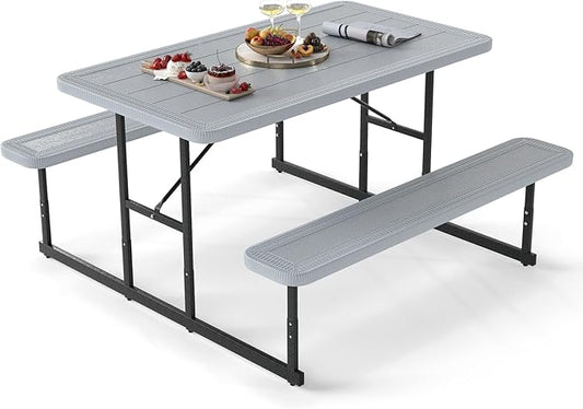 Giantex Picnic Table Bench Set for 4 People, 4.5FT Outdoor Rectangular Dining Table & 2 Benches w/Umbrella Hole, HDPE Tabletop, Metal Frame, Patio Garden Backyard Poolside (4.5FT,Non-Foldable,Gray)