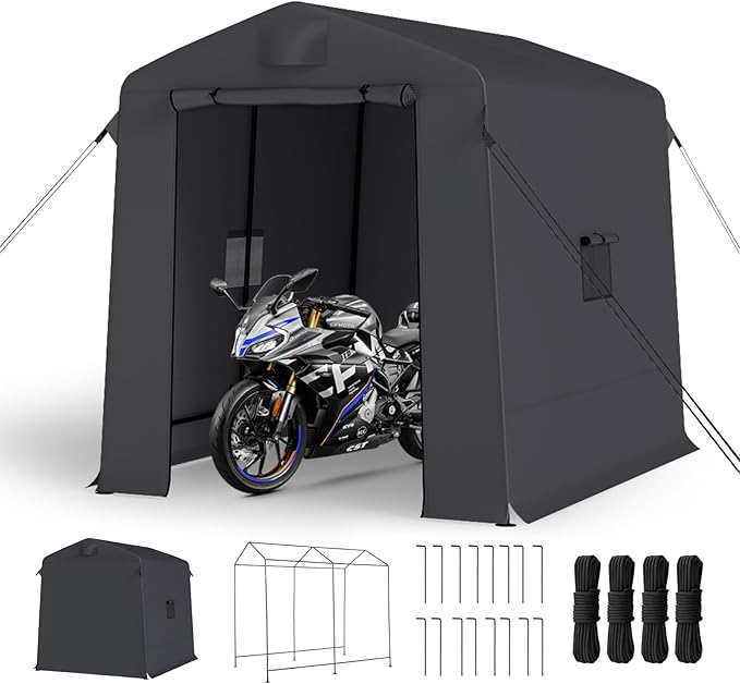 6x8 ft Outdoor Storage Shelter Shed with Roll-Up Zipper Doors & Mesh Windows, Portable Waterproof Storage Tent for Motorcycle, Bike, Firewood, Lawn Mowers, Garden Tools (Black)