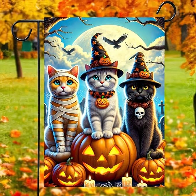 Halloween Garden Flag 12x18 Inch Double Sided Happy Halloween Cat Pumpkin Garden Flags Outdoor Seasonal Holiday Banner Outside Decorations Yard Flag