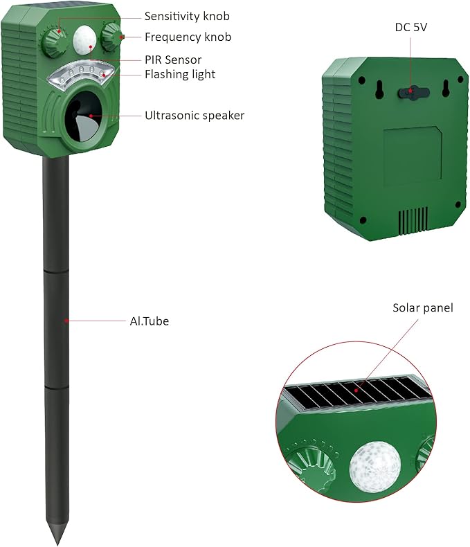 Cat Repellent Outdoor Squirrel Deterrent with Motion Sensor LED Flash Light,Deer Raccoon Skunk Rabbit Coyote Armadillo Animal Scare Away for Patio Lawn Garden Yard