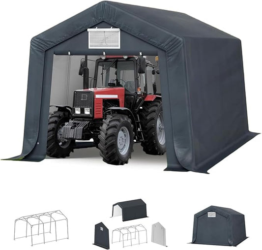 MFSTUDIO Outdoor Storage Sheds 10x15 ft, Portable Carport Shelter Garages Heavy Duty Canopy with Rolled up Zipper Doors, Outside Utility Shed Garage Tent for Patio Furniture, Vehicles and Tools