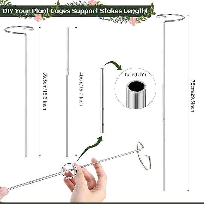 Suclain 10 Pack 30 Inch Plant Support Stake Garden Single Stem Flower Support Stake Cage DIY Stainless Steel Tall Plant Sticks Ring Bracing for Flowers Orchid Tomatoes Peony Lily Rose