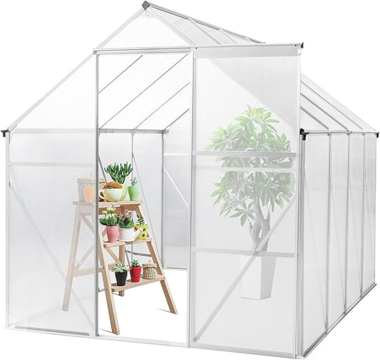 VINGLI 8x6 FT Greenhouse for Outdoors, Aluminum Large Polycarbonate Greenhouse with 5 Roof Vents for Outside Garden Backyard, Easy Setup, Silver