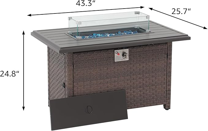 SUNSITT Outdoor Fire Pit Table 43 Inch Wicker Propane Fire Pit with Aluminum Tabletop 50,000 BTU Gas Firepit with Glass Wind Guard, Fire Glass, Lid, Cover, Brown Rattan