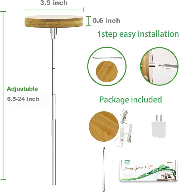 Plant Grow Light for Indoor Plant,Bamboo Mini LED Grow Light Garden,Height Adjustable,Automatic Timer with 8/12/16 Hours