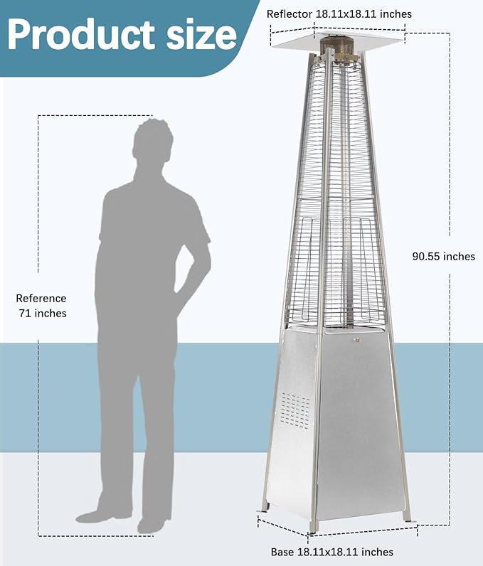 Pyramid Patio Heater,48,000 BTU Outdoor Propane Patio Heater with Detachable Wheels and Protective Cover for Terrace, Garden,Poolside.Grey