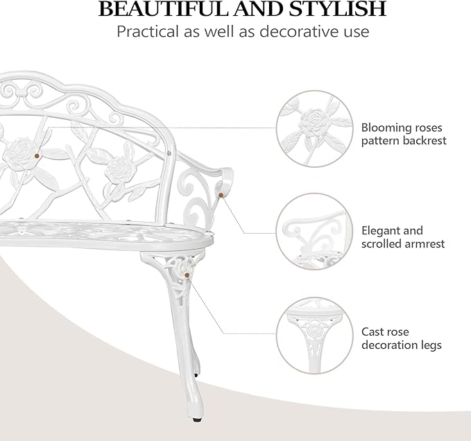 VINGLI 38.5" Patio Park Garden Outdoor Metal Rose Bench,Cast Iron Cast Aluminium Frame Antique Finish Chair,Accented Lawn Front Porch Path Yard Decor Deck Furniture for 2 Person Seat（White