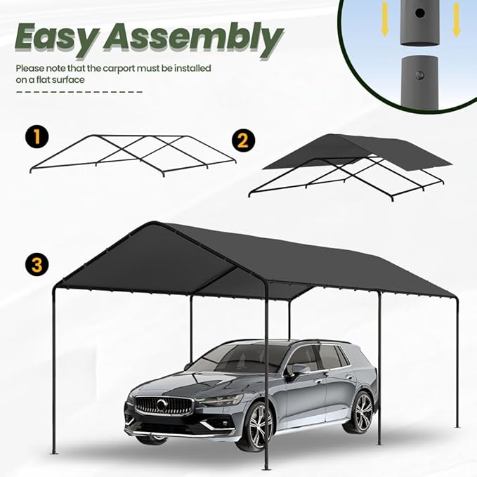 GOJOOASIS 10x20 Carport Heavy Duty Portable Garage Shelter Metal Car Canopy Tent with UV-Resistant & Weatherproof Top Cover for RV & Vehicles (Gray, 10x20 Without sidewalls)