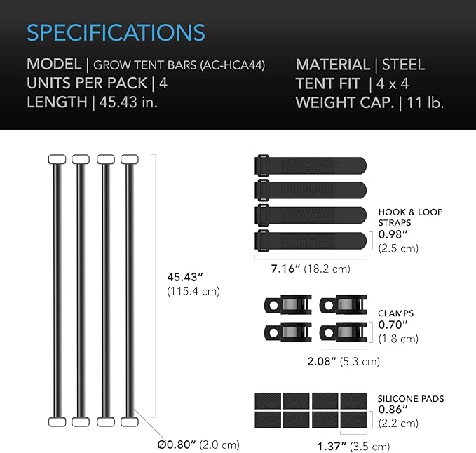 AC Infinity Heavy-Duty Grow Tent Mounting Bars 4x4', High Airflow CFM Kit Prevents Walls from Sucking in, Trellis and Supplemental Lights Mounting for All 4x4 Indoor Grow Tents