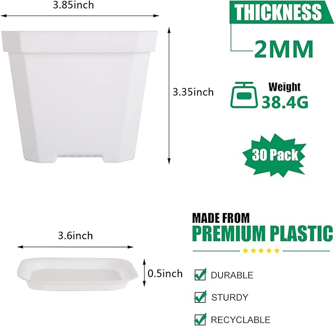 foxany 4" Nursery Pot, 30 Pcs Thick Plastic Square Planting Pots, Plant Seedling Pots, Seed Starting Pots with 30 Saucers - White