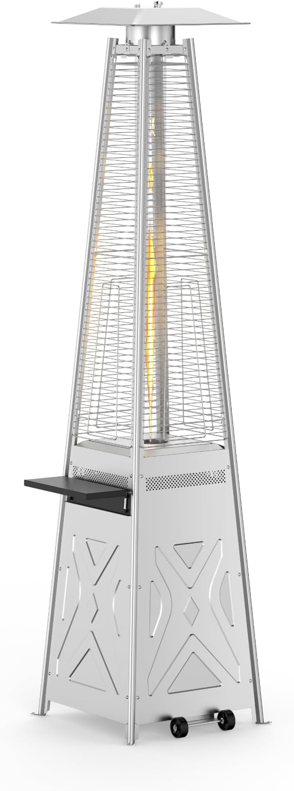 Stainless Steel 42000 BTU Outdoor Patio Gas Heater, Flame Glass Tube Fire Tower with Wheels & Beverage Rack, Safe Portable Heater for Patio Use