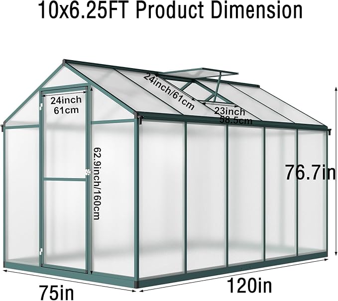 10x6.25FT Greenhouse,Easy Assembly Aluminum Polycarbonate Walk-in Greenhouse with Roof Vent, Large Outdoor Garden Green House,Patio,Backyard,Green