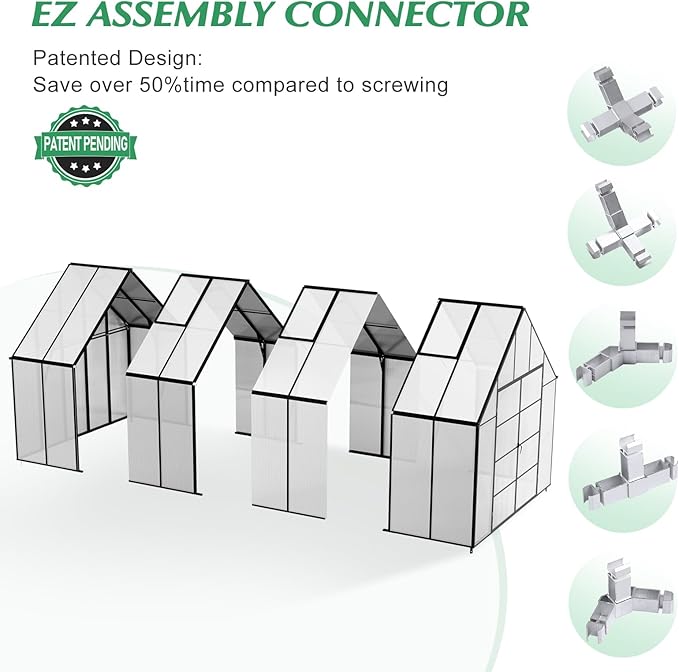10'x10'x16' Snap-Together Greenhouse - Easy 3-Way Connectors, Heavy-Duty Aluminum Frame, Wind/Snow Resistant for Gardening/Urban Farming, Includes Sliding Door & Ventilation Windows