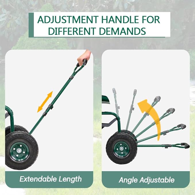 PLKO Garden Cart on Wheels,Rolling Garden Cart with Seat,Heavy Duty Gardening Stool with Basket,Adjustable Steering Handle, 360 Degree Swivel Seat for Yard,Patio,and Outdoor