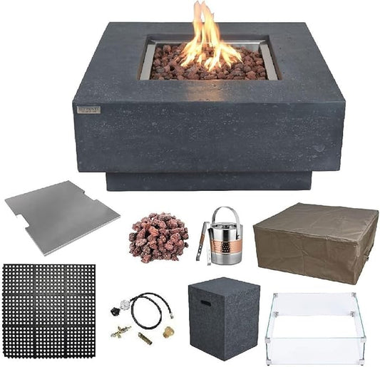 Elementi | Bundle Manhattan Gas Fire Pit Cast Concrete 36" Square Fire Table, Outdoor Fire Pit Electronic Ignition | Canvas Cover, Lava Rock Included | Dark Gray (Propane Gas)