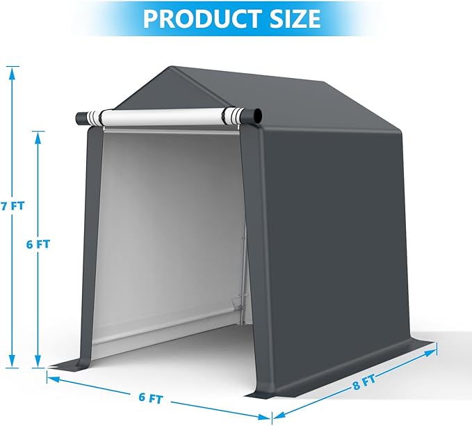 6x8FT Outdoor Storage Shelter Carport, Portable Shelter Heavy Duty Storage Shed Carport with Roll-up Zipper Door for Bike, Motorcycle, Garden Storage, Waterproof and UV Resistant, Gray