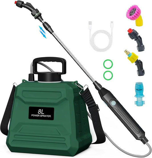 Battery Powered Sprayer 2 Gallon, 7.4V Powerful Electric Sprayer with 4 Nozzles, Rechargeable Handle with 36.22'' Retractable Wand, Adjustable Shoulder Strap, Weed Sprayers in Lawn Garden Yard (Green)