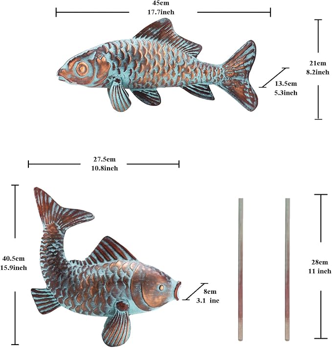 G/N Set of 2 Koi Fish Decor Outdoor Statue Sculpture Garden Pond Fishes Yard Art Antique Copper Koi Sculptures & Statues Large Metal Koi Fish Figurine Ornaments Décor Gifts for Women Mom Grandma