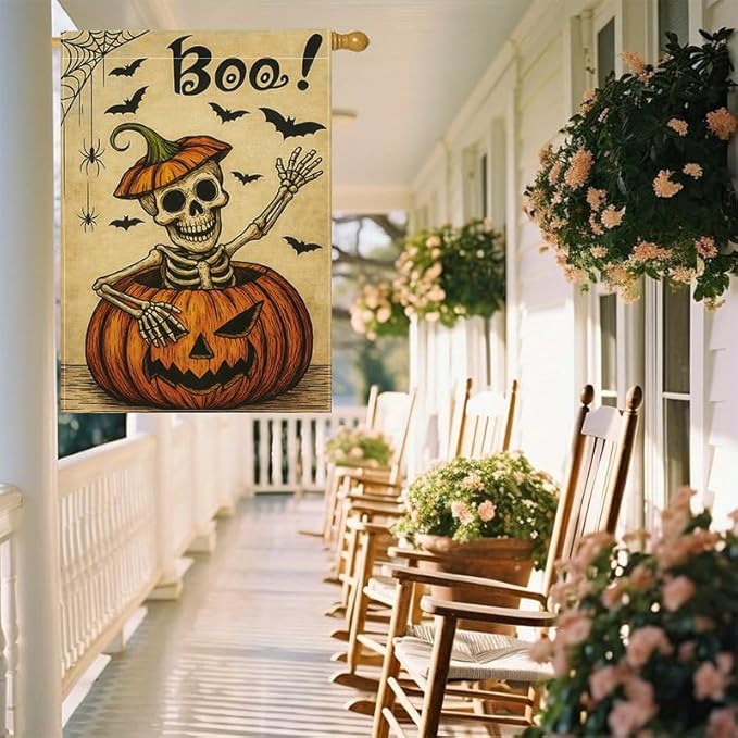 Halloween Garden Flag 12x18 Inch Boo Skeleton Pumpkin Yard flag Double Sided Spooky Outdoor Lawn Porch Patio Party Decoration Holiday Decor