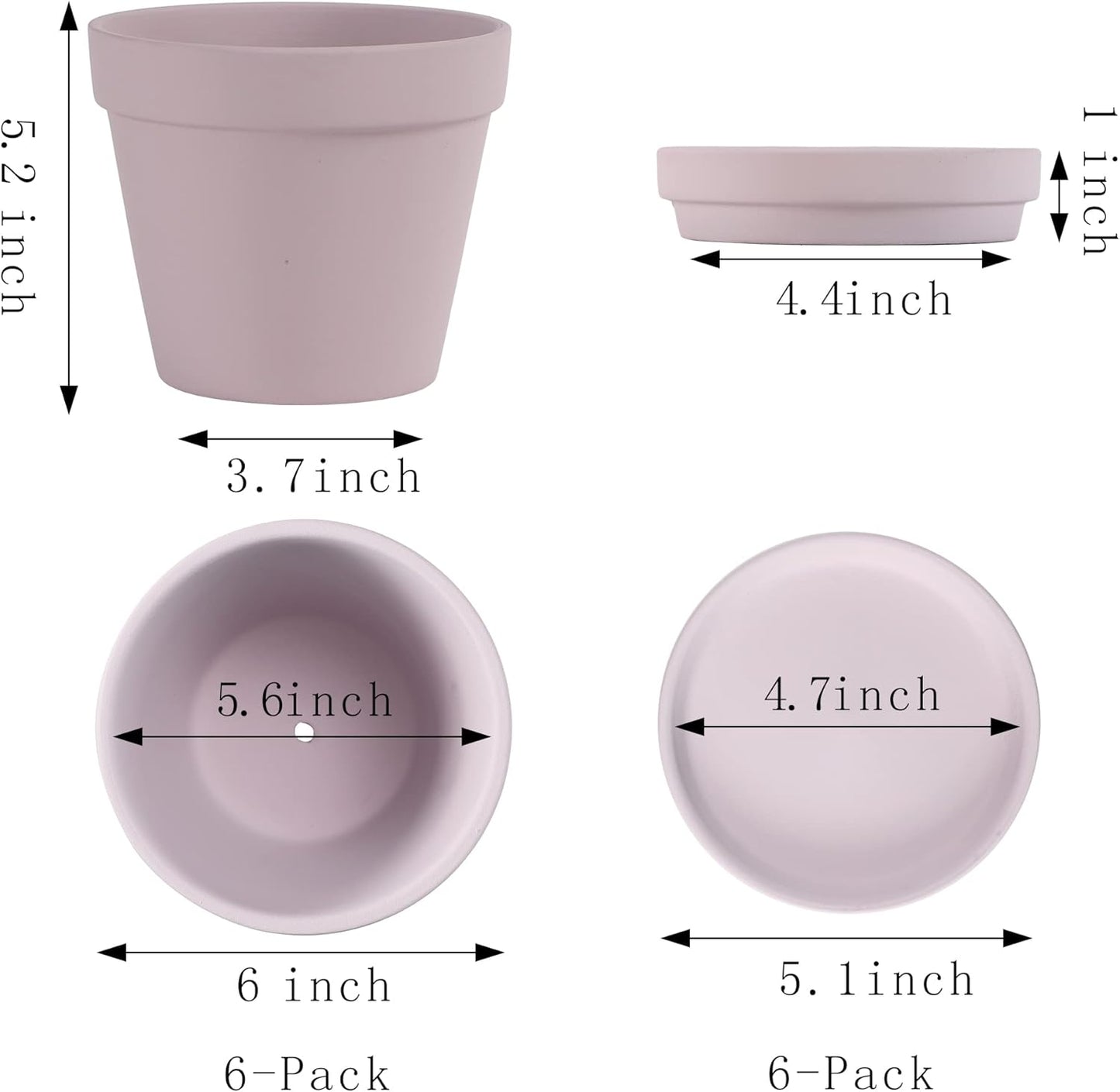 Yishang Large Terra Cotta Pots with Saucer- 6 Pack Large 6'' Terra Cotta Plant Pot with Drainage Hole, Flower Pot with Tray, Terracotta Pot for Indoor Outdoor Plant(Purplr)