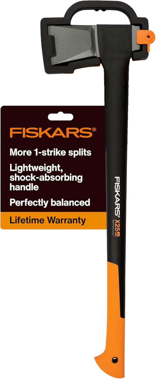 Fiskars X25 Splitting Axe, 28" Wood Splitting Axe for Medium to Large Size Logs with Shock Absorbing Handle and Sheath, Split Firewood, Forged Steel Blade, Bushcraft Gear and Camping Hatchet