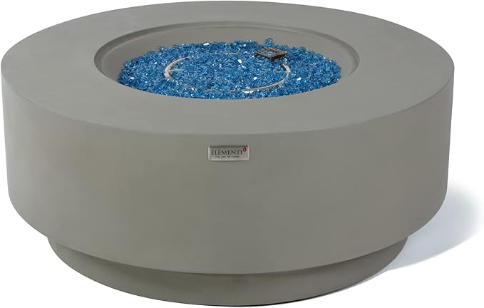 Elementi+ | Colosseo Gas Fire Pit Cast Concrete 40" Dia. Round Fire Table, Outdoor Fire Pit Electronic Ignition | Canvas Cover, Fire Glass and Burner Lid Included | Light Gray | Propane Gas