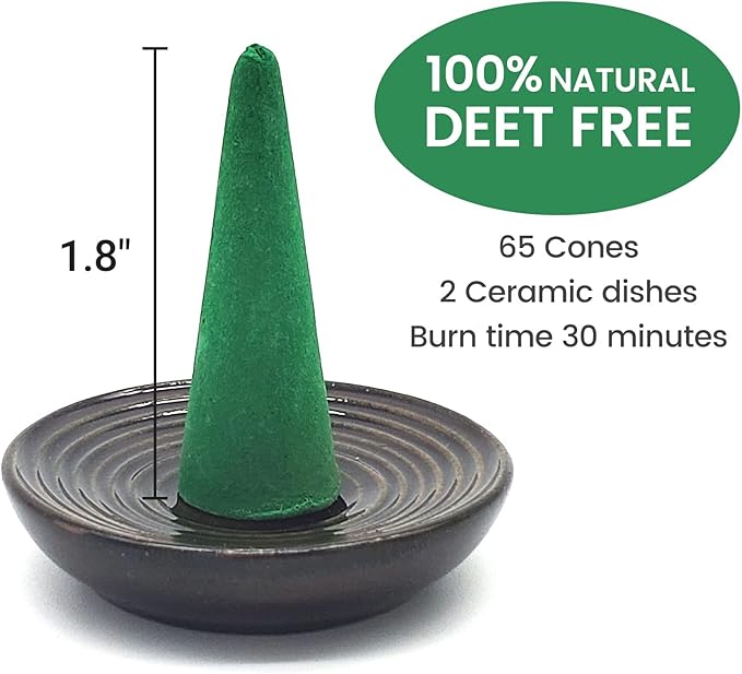 Citronella Incense Cones with 2 Ceramic Dishes | Made with Plant-Based Ingredients | Citronella Oil | Lemongrass Oil | Rosemary Oil | Suitable for Indoor and Outdoor Use (65 Cones)
