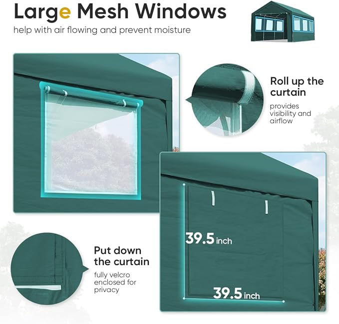 ADVANCE OUTDOOR 12x20 ft Car Canopy Garage Heavy Duty Carport Boat Shelter Party Tent, Adjustable Peak Height from 9.5ft to 11ft, with Removable Window Sidewalls and Doors, Green