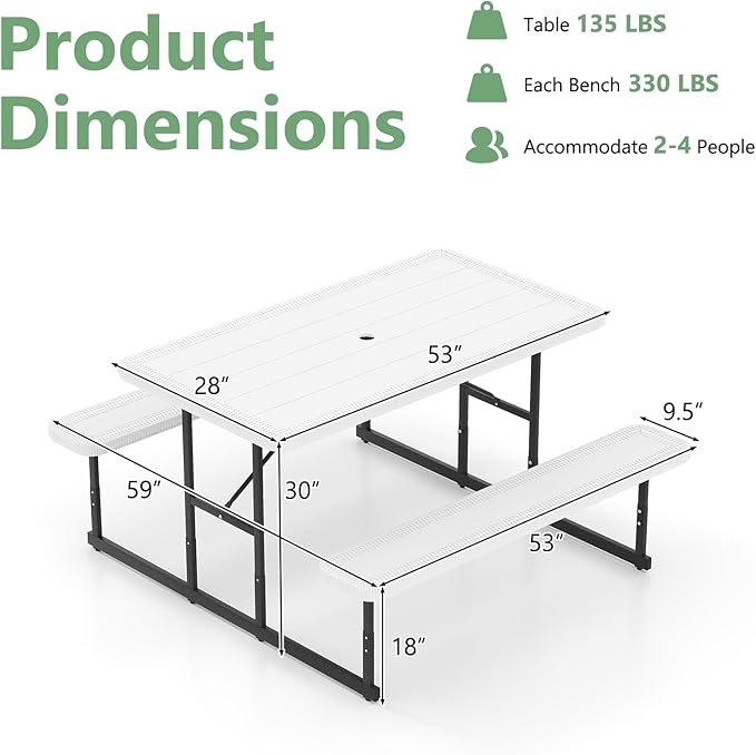 Tangkula Picnic Table, HDPE Outdoor Rectangular Table Bench Set with 2 Built-in Benches, Umbrella Hole, Metal Frame for 4 Person, Garden Yard Patio Lawn