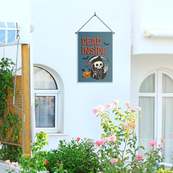 Dead Inside Garden Flag, Funny Pumpkin Spooky Yard Flag for Outside, Welcome Autumn Fall Halloween Front Porch Lawn Decoration, Funny Skeleton Peace Sign Home Banner