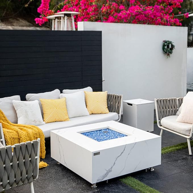 Bianco Marble Fire Pit 39.4" x 39.4" Outdoor Patio Firepit Includes Fire Glass Modern Fire Pits & Outdoor Fireplaces for Garden, Deck, Indoor & Outdoor Heating