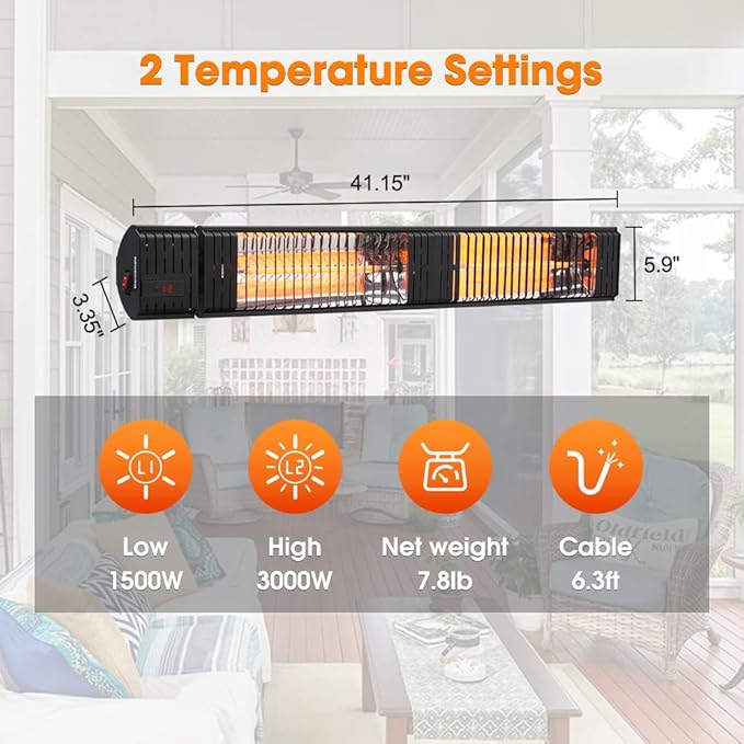 ThermoMate Infrared Electric Patio Heater, 3000W Carbon Fiber Heating for Outdoor/Indoor, Porch, Deck, Garage with Remote 24 Hours Timer, Hard Wired 240V