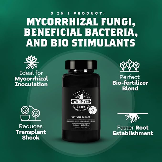DYNOMYCO Spark WP Mycorrhizal Fungi, 4oz Wettable Powder – 3-In-1 Root Enhancer Amplifies Nutrient Uptake & Yield – Treats 25 Plants, Indoor/Outdoor Bio-Stimulant – Dissolves Fast in Seed Starter Soil