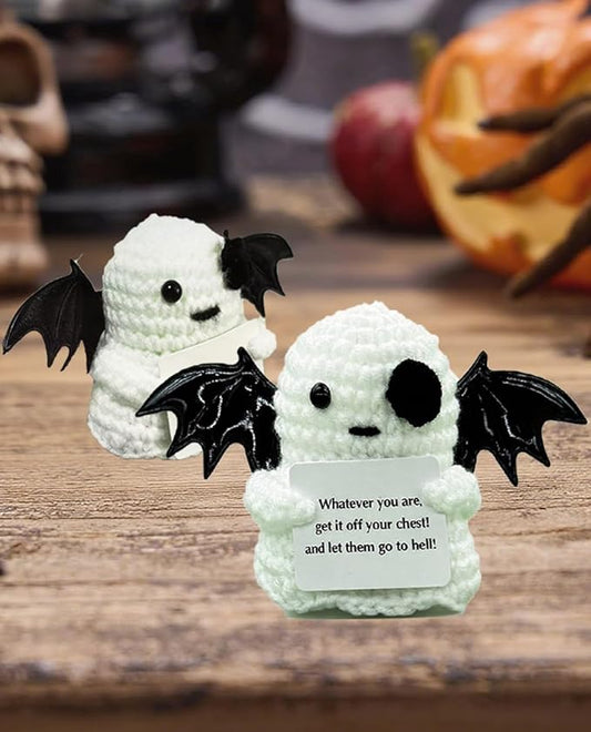 2 Packs Cute Decor for Men Women Kids, Positive Crochet Animals Emotional Support Handmade Mini Ghost Dolls with Positive Cards Halloween Basket Stuffers for Desk Home Decor