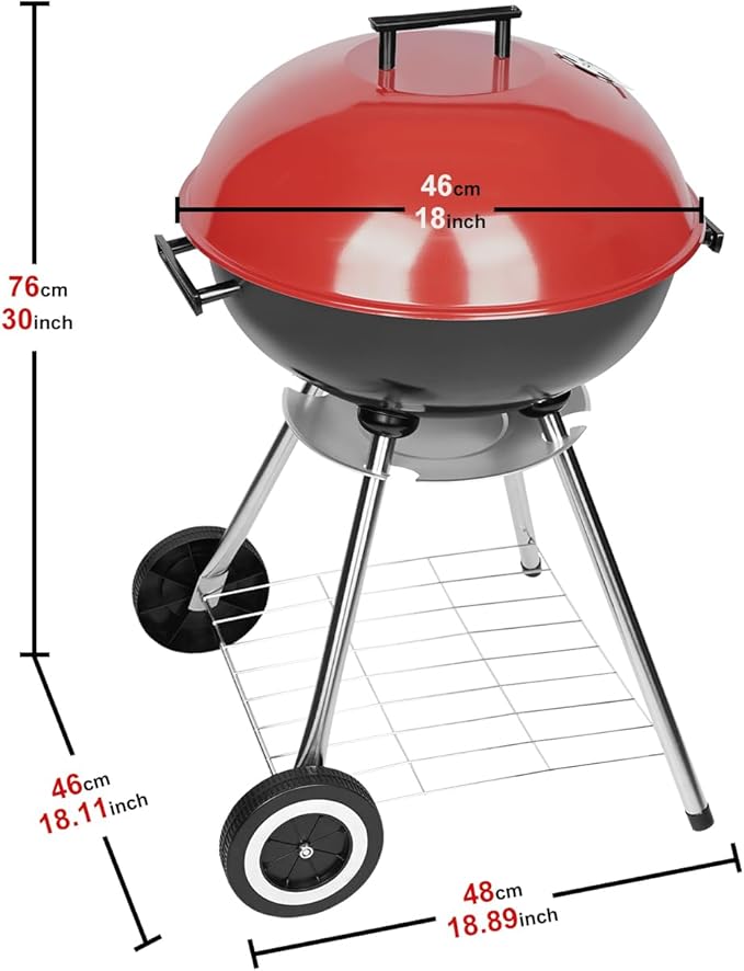 Charcoal Grills, Outdoor BBQ Grill with Side Table, Charcoal Grill with Wheels for Outdoor Grilling/Tabletop Cooking-Red