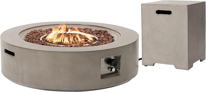 SUNBURY Outdoor 42 Inch Propane Fire Pit Table, Circular Gray Patio Fire Table 50,000 BTU w 20 lbs Tank Cover, Waterproof Cover, Free Lava Rocks